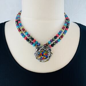 Multicolored Faux Pearl Silver Rose with Rhinestones Necklace